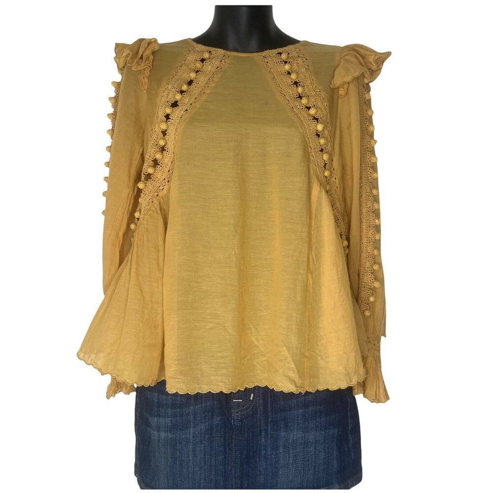 Mustard Pom Pom Eyelet Flutter Sleeve Top SEA NEW YORK Blouse‎ Women's Size 2